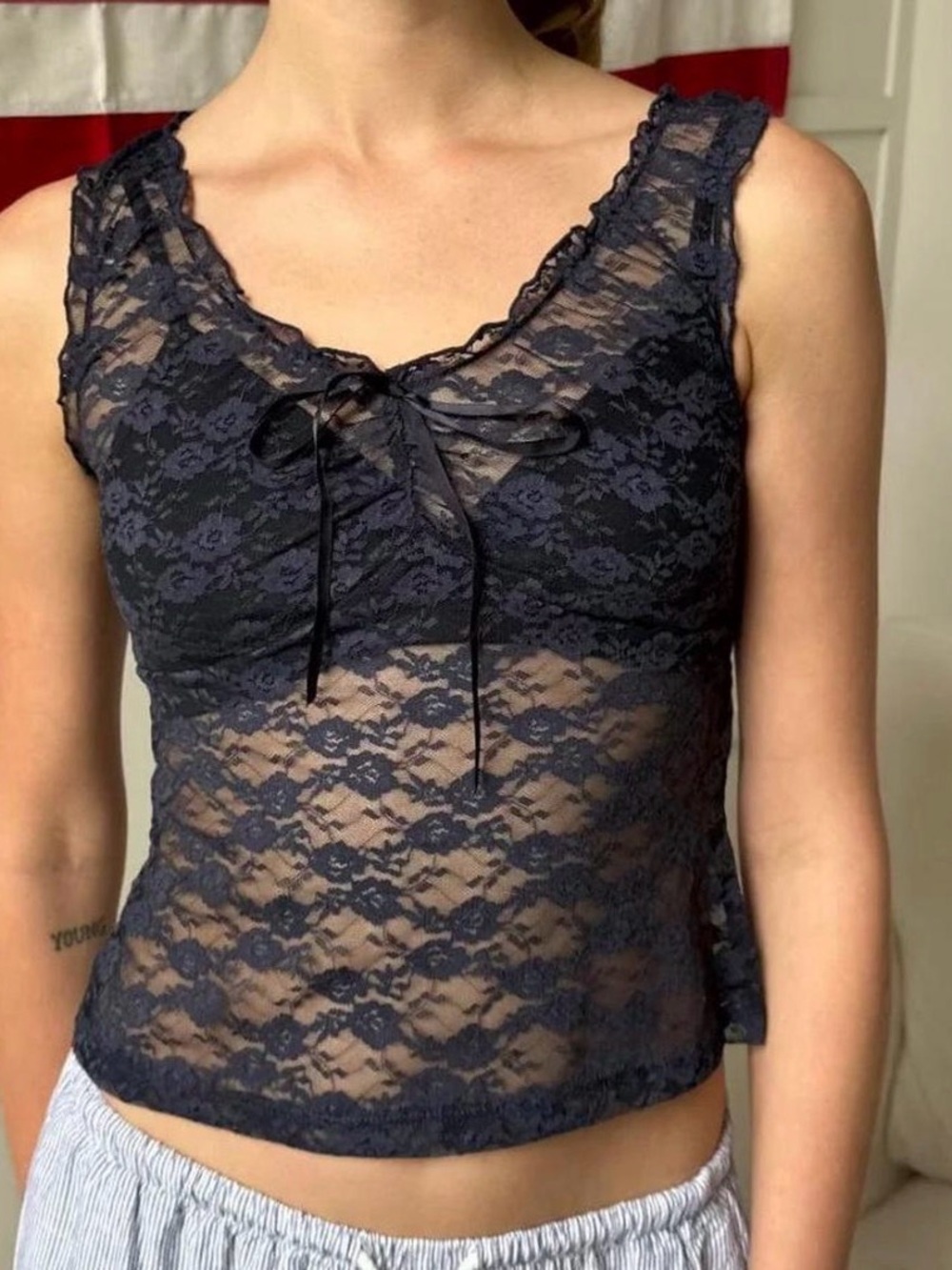 Brandy Melville Navy Lace Sheer Tank Top